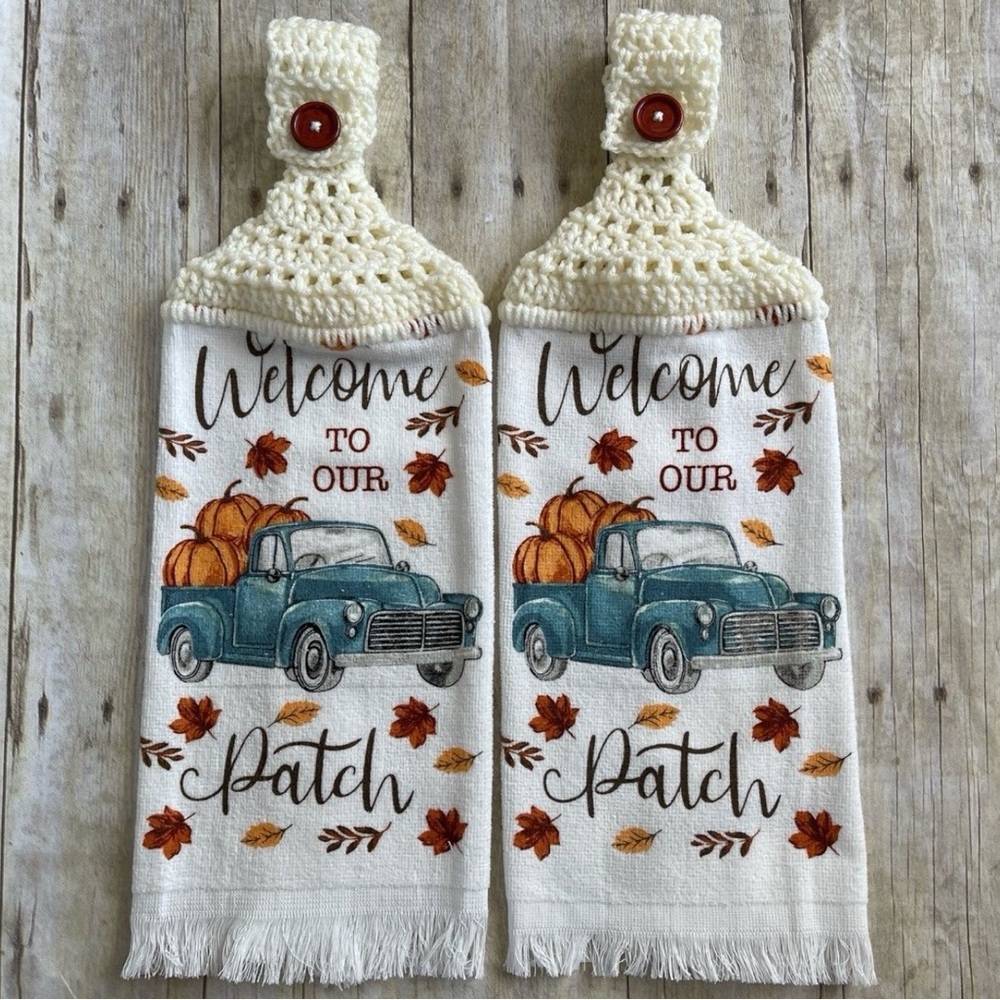 Fall Crochet Top Hanging Towel Set of 2 Welcome Pumpkins in a Pickup Truck
